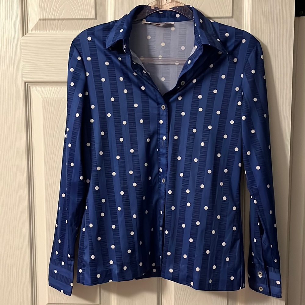 Elles Belles 70s polka dot shirt no size tag; see measurements (probably medium)